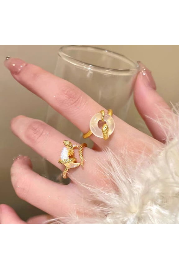 Snake Wrapped Ring Adjustable Opening Ring Moon Decor Golden Alloy Retro Style Ring Finger Jewelry New Year Gift