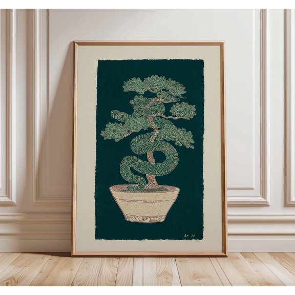 Snake and Bonsai Japanese Minimalist Retro Nature Botanical, Unframed Paper Poster 8x10in