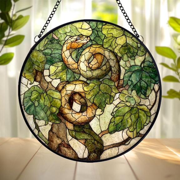 Snake in Tree Suncatcher, Stained Glass Style Acrylic Window Hanging, Jungle Serpent Wildlife Decor Ornament