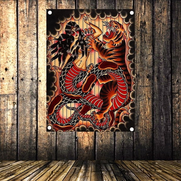 Snake vs Tiger Creative Tattoo Art Posters and Prints Wall Chart Tapestry Wall Art Banner Hanging Flag Canvas Painting Tattoo Studio Room Home Decoration,49X75 inches