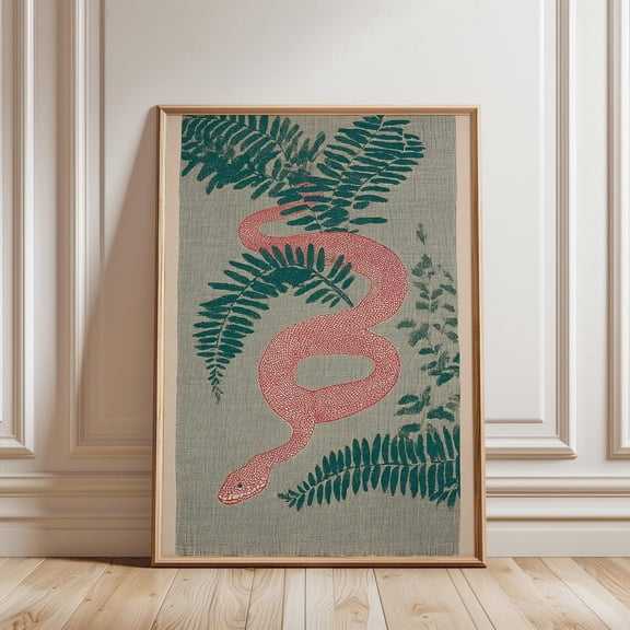 Snake with Ferns Woodblock Style Reptile Nature Wall Art Print Decor Unframed Paper Print