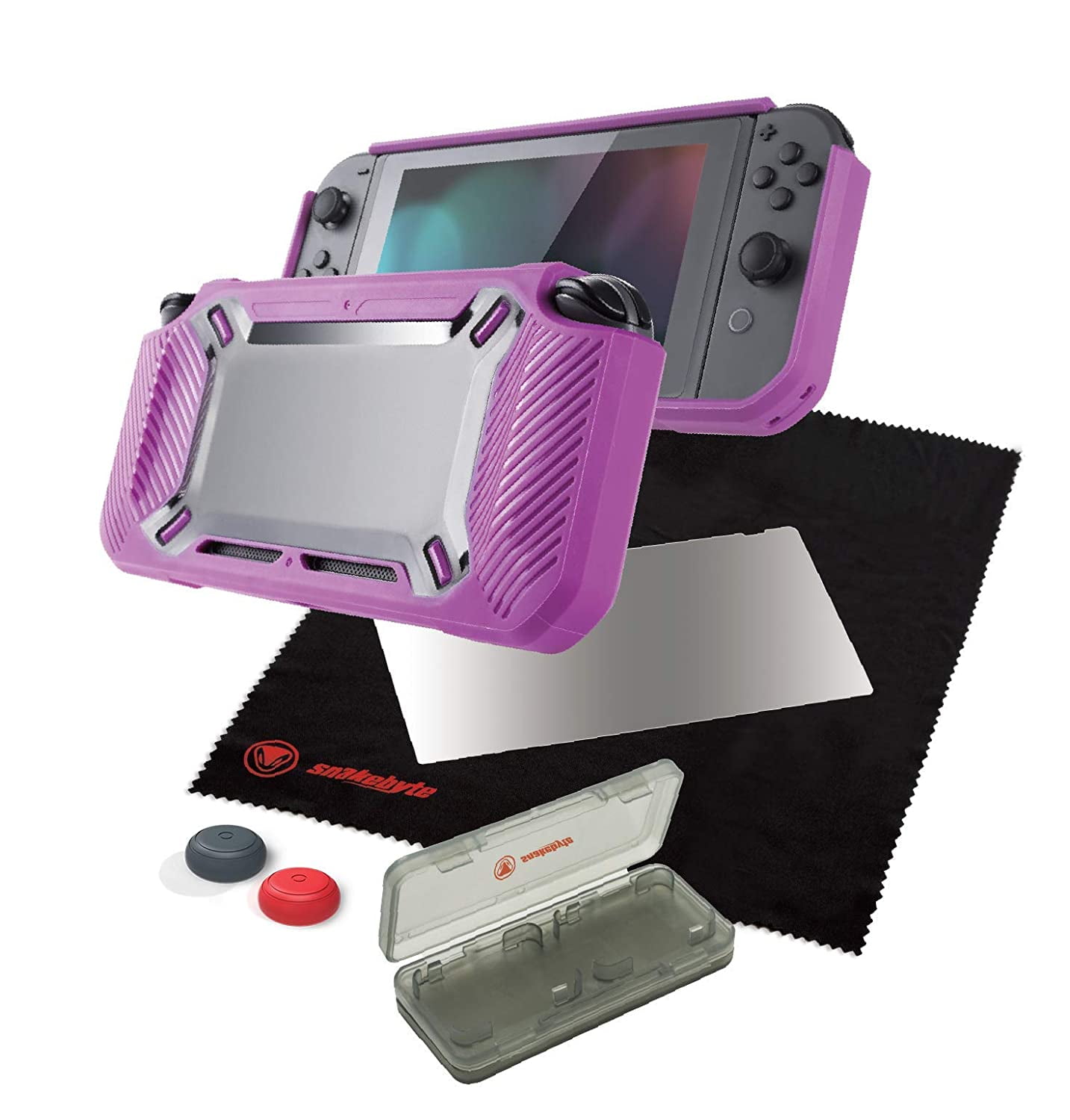 Snakebyte Tough Kit - Accessory Set Including Rubber Hard Case H9 Glass Protector Cleaning Cloth Thumb Grips Game Hard Case for Nintendo Switch - Pink - Nintendo Switch