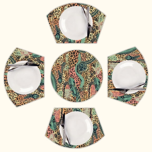 Snakes leopards vibrant print textile Round Table Placemats Set Of 5 Wedge Table Mats Washable Heat Resistant Place Mat For Dining Table Kitchen Farmhouse Restaurant