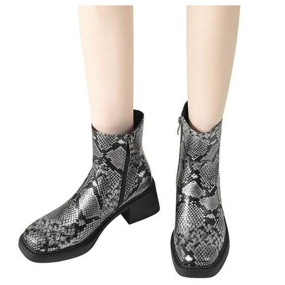 Snakeskin Chelsea Dress Boots for Women Fashion Casual Leather Square Toe Chunky Mid Heel Short Ankle Booties