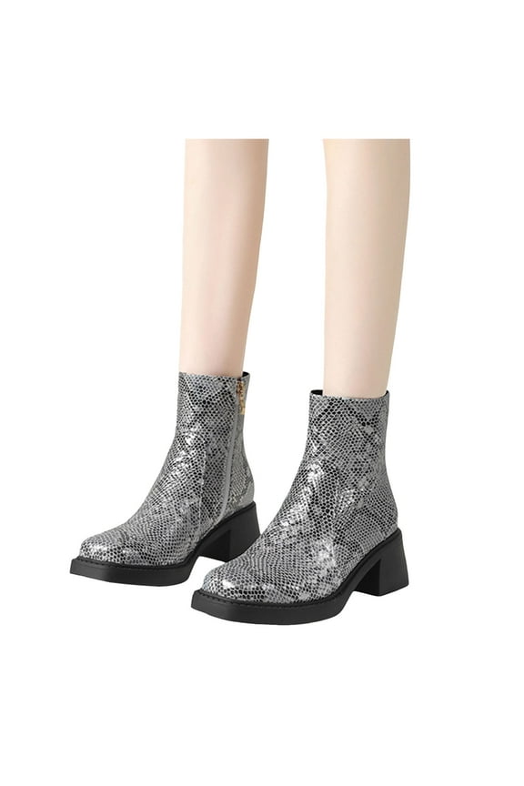 Snakeskin Chelsea Boots for Women Fashion Square Toe Chunky Heels Zipper Mid Calf Short Ankle Booties