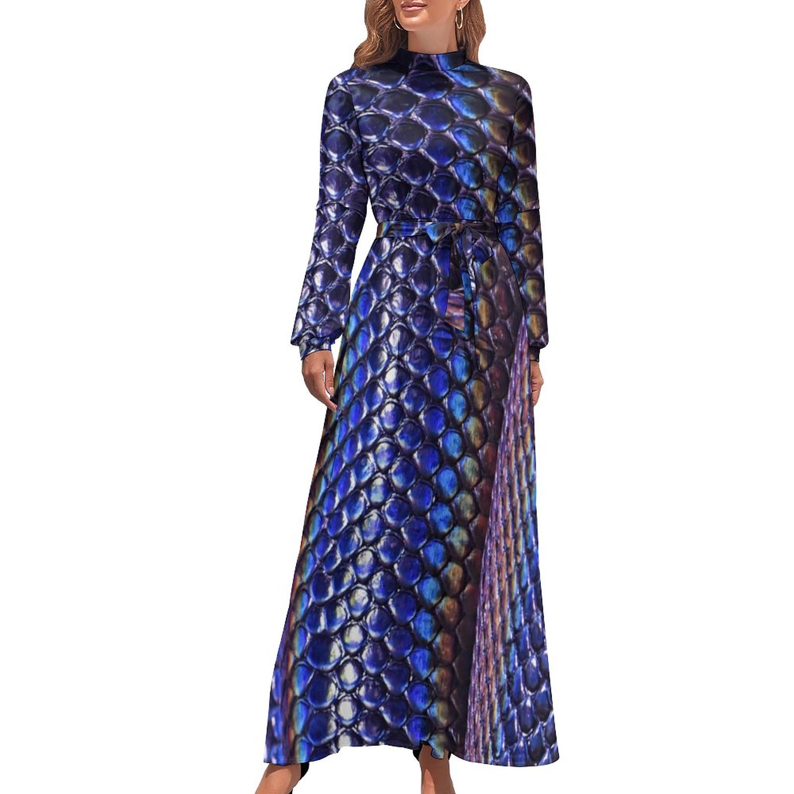 Snakeskin Dress Long-Sleeve Brown Snake Print Maxi Dress High