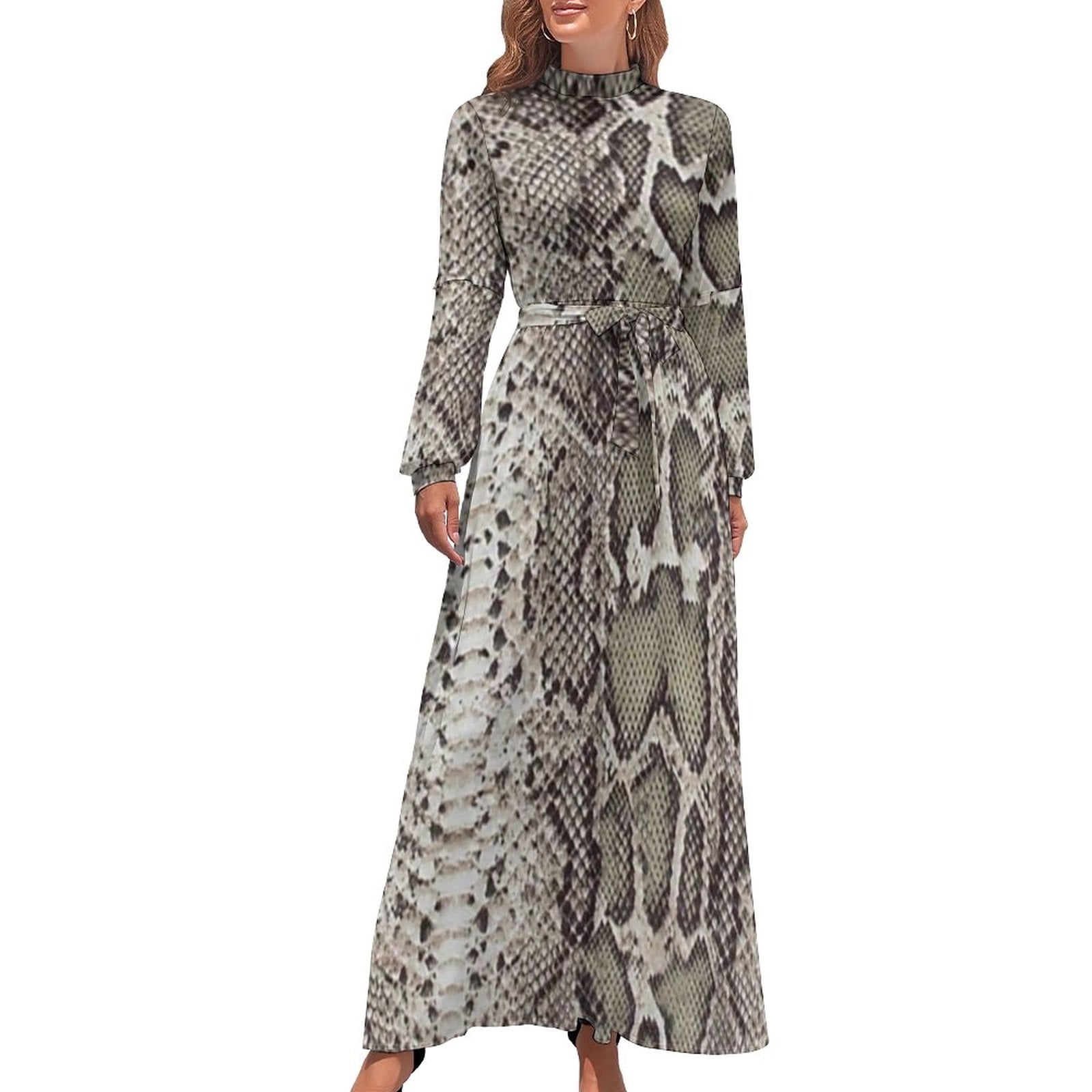 Snakeskin Dress Long-Sleeve Brown Snake Print Maxi Dress High