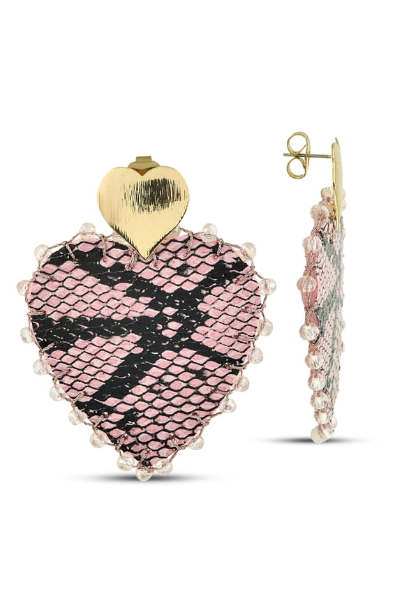 Snakeskin Heart Large Drop Earrings - Animal Print Pinky Leather Heart Earrings, 14K Gold Plated Dangle Earrings, Handmade Big Boho Stud Earrings