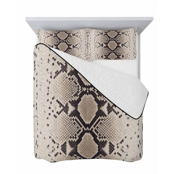 Snakeskin Print 3 Piece Quilt Set Full Size, Boho Brown Beige Reptile Scales Animal Texture Soft Bedspread Coverlet Bedding Set Microfiber Lightweight Comforter Set with 2 Pillowcases for Bedroom
