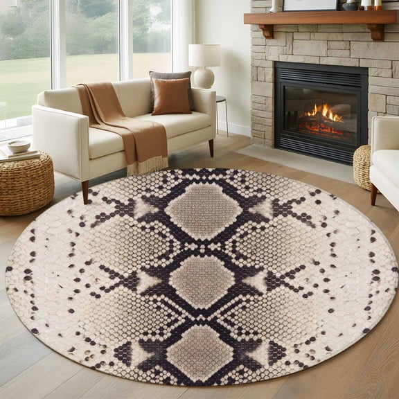 Snakeskin Print 5FT Round Area Rugs for Living Room Boho Brown Beige Reptile Scales Animal Texture Ultra-Thin Non-Slip Round Rugs Machine Washable Low Pile Circle Carpet for Bedroom Kitchen Nursery