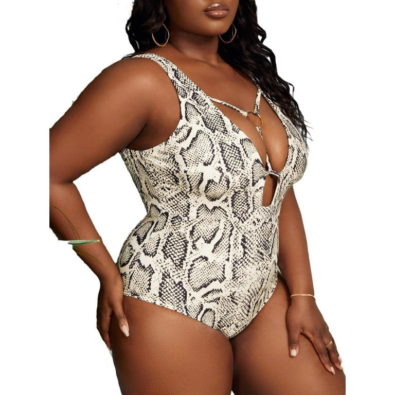 Snakeskin Print Plunge Neck Multicolor Plus Size Swimsuit Women s Plus Walmart