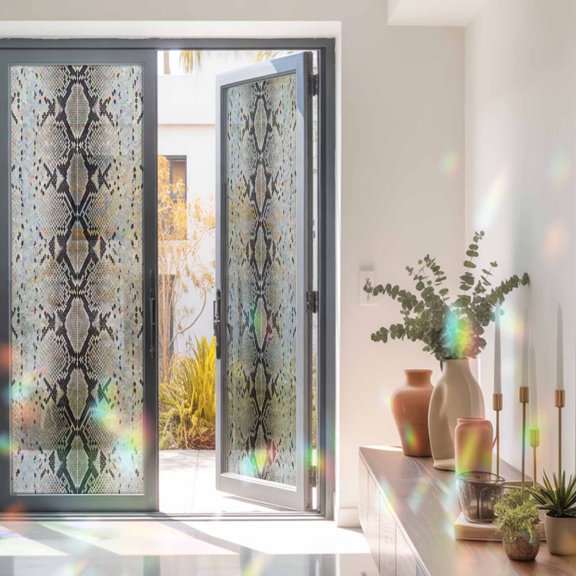 Snakeskin Print Window Privacy Film Boho Brown Beige Reptile Scales Animal Texture Static Cling Stained Glass Window Film Non-Adhesive Decorative Decals Rainbow Sticker 17.7"X78.7"