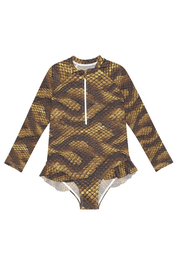 Snakeskin Texture Gold and Yellow One-Piece Swimsuit Long Sleeve UV Sun Protection UPF50+ Rashguard Front Zip Quick-Dry Swimwear for 3-12 Years