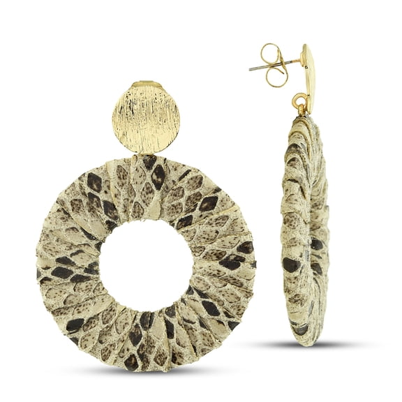 Snakeskin Wrapped Dangle Earrings, 14K Gold Plated Stud Earrings, Round Animal Print Earrings, Leather Handmade Earrings, Large Circle Boho Earrings, Hippie Jewelry