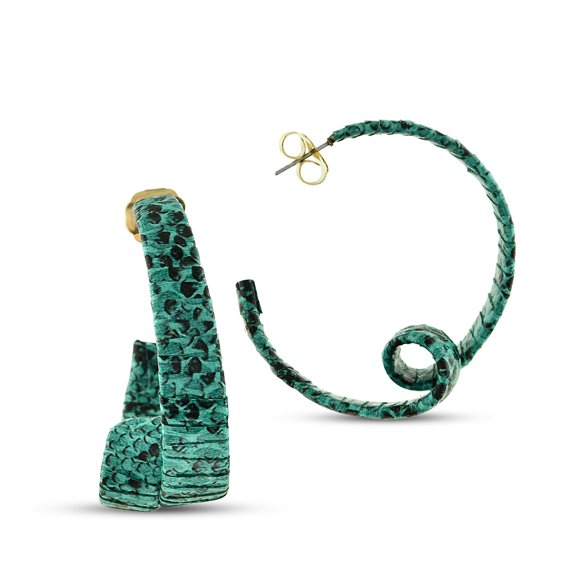 Snakeskin Wrapped Large Hoop Earrings, Green PU Leather Large Dangle Earrings - Animal Print Handmade Earrings, Big Boho Earrings, Hippie Jewelry Statement Earrings
