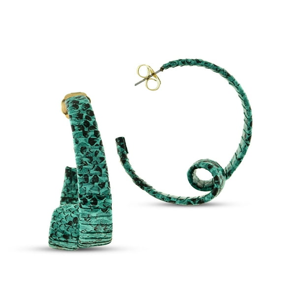 Snakeskin Wrapped Large Hoop Earrings, Green PU Leather Large Dangle Earrings - Animal Print Handmade Earrings, Big Boho Earrings, Hippie Jewelry Statement Earrings