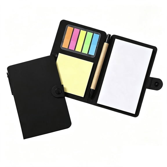 Snap Button Cover Sticky Note Folio Set, Multi Color Index Tabs & Writing Pad Combo, Portable Leatherette Notebook Organizer For Office Desk Planning