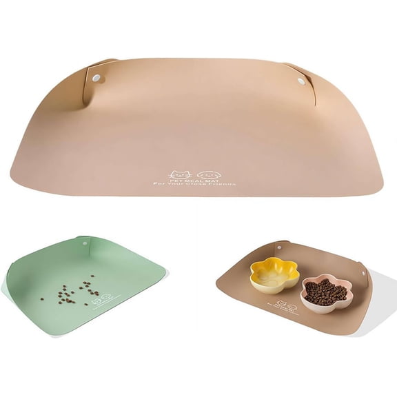 Snap-Button Faux Leather Pet Food Mat, 15.7" x 11.8" Waterproof Cat Feeding Mat | Mess-Proof High-Edge Tray for Bowls, Water Fountains and Small Pets