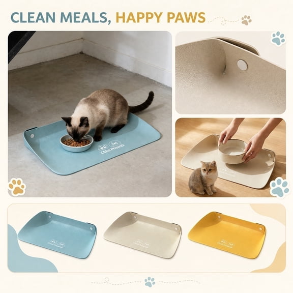 Snap-Button Faux Leather Pet Food Mat, 18" x 12" Waterproof Cat Feeding Mat | Mess-Proof High-Edge Tray for Bowls, Water Fountains and Small Pets