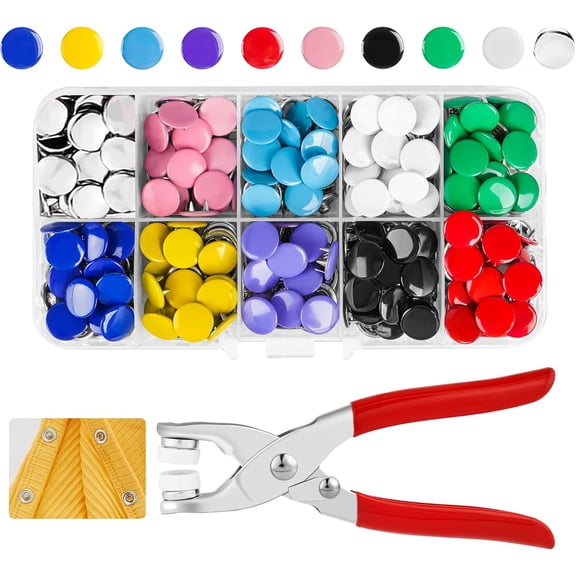 Snap Button Kit 100set, 9.5mm Snap Fasteners Kit with Pliers, Metal Snaps Kit with Tool, Five Claw Buckle Tool Set 10 Colors (Solid 100set)