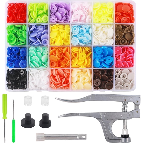 Snap Button Kit with Snaps Pliers, 240 Sets Plastic Snaps for Fabric, T5 Snap Buttons and Snappliers Set Starter Fastener Tool Kit for Sewing Clothing DIY Crafting (24 Colors)