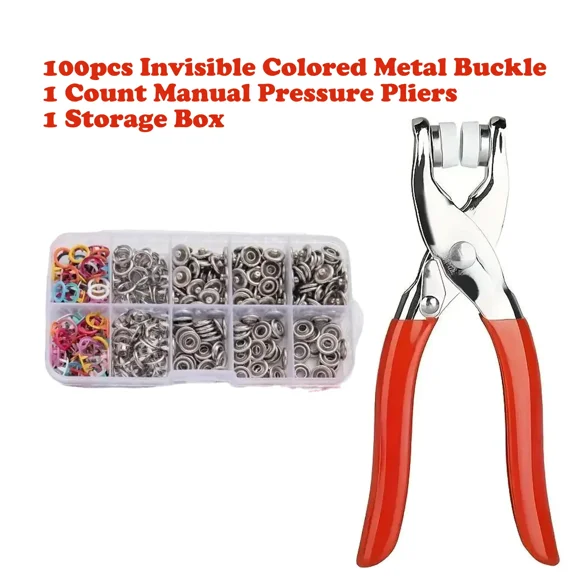 Snap Button Pliers Tool Kit with 100pcs Invisible Colored Metal Buckles, Manual Pressure Pliers for DIY Sewing, Clothing, Hats, Handicrafts, Fabric Repair & Household Craft Supplies