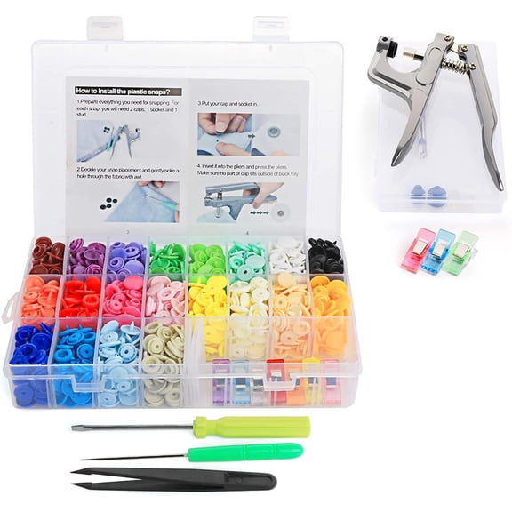 Snap Button with Snap Pliers Kit, 400 Sets Snap Fastener T5 Plastic No-Sew Buttons, Starter Fasteners Poppers Press DIY Studs Kits for Sewing Clothing & Diapers Rain Coat Crafting
