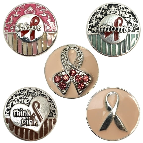 Snap Charming 5-Pack Pink Hope Breast Cancer Awareness Button Charm Jewelry Gift Set