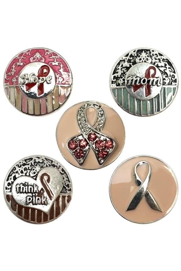 5-Pack Pink Hope Breast Cancer Awareness Button Charm Jewelry Gift Set