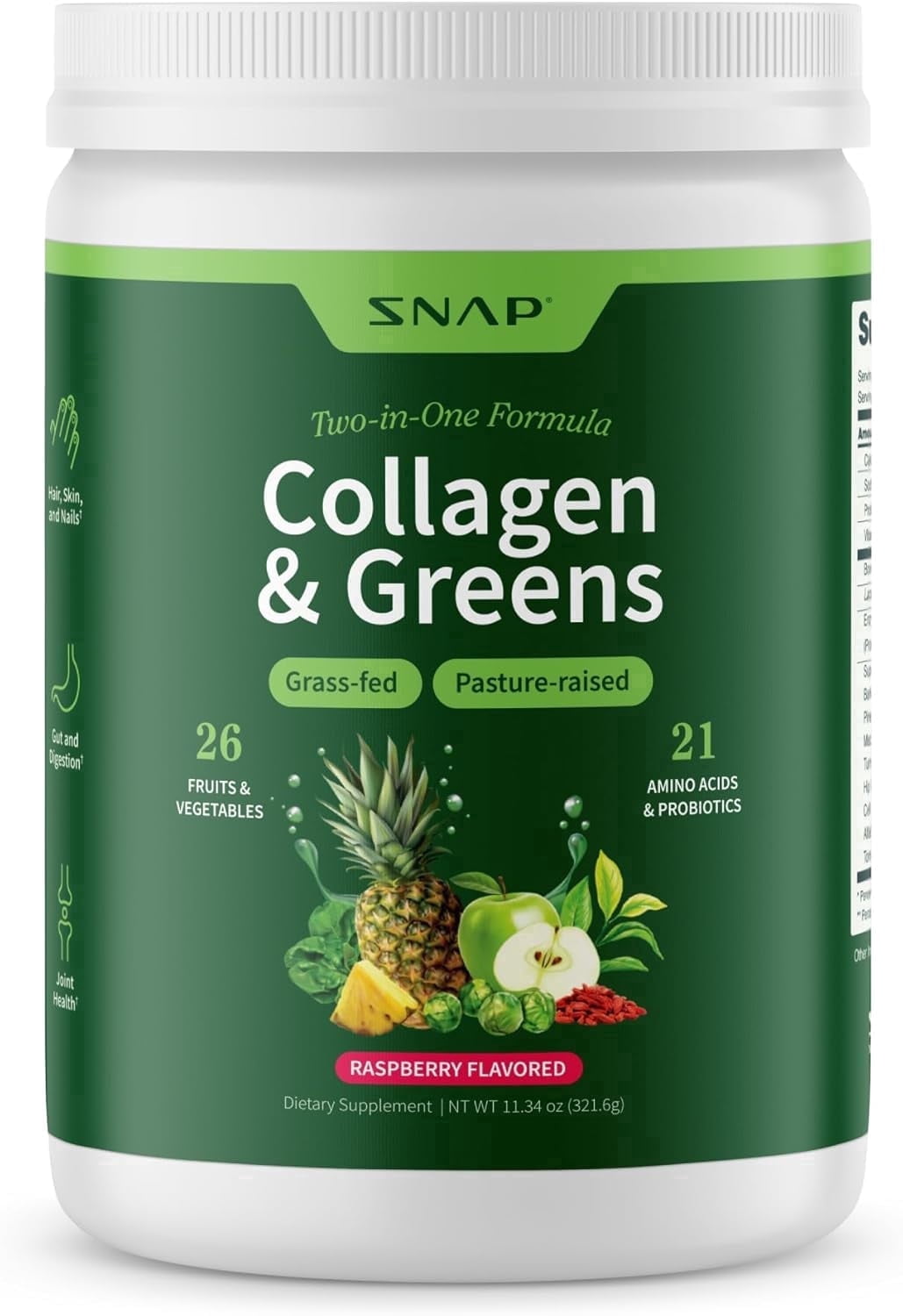Snap Supplements Collagen Peptides with Super Greens, Digestive Enzymes, Probiotics, Turmeric - 30 Servings