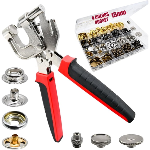 Snap Fastener Tool Kit, 4 Colors 400 PCS Boat Cover Snaps with Built in Punching Snap Installation Tool, 15 MM Canvas Snaps for Leather, Clothing and DIY Handmade