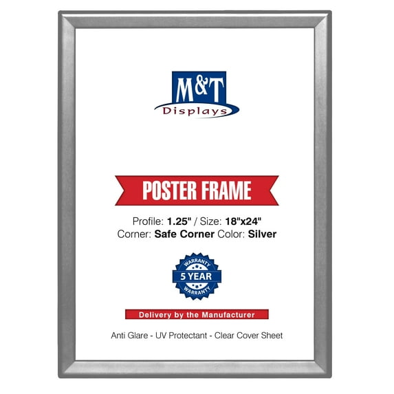 Snap Frame 18'' X 24'' Poster Size 1.25" Silver Color Profile, Safe Round Corner