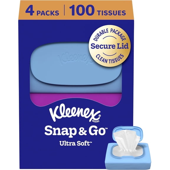 Snap & Go Ultra Soft Facial Tissues, 4 On-the-Go Packs, 25 Tissues per Pack, 3-Ply, Packaging May Vary