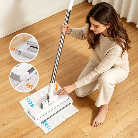 Snap Grip Hands Free Flat Mop Reusable Microfiber Cloth Floor Mop With Extendable Handle For Bathroom Walls Corners(White-95Cm)