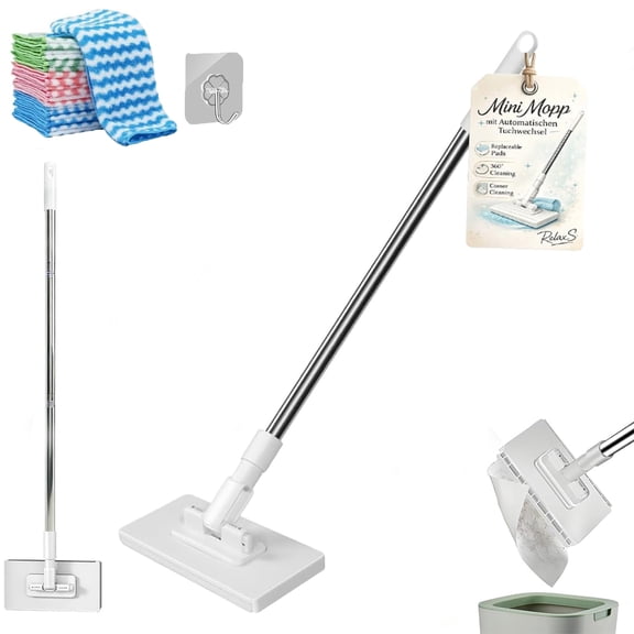 Snap Grip Mini Mop, 2026 Upgraded Zero Touch Snap Grip Mini Mop, Automatic Hands Free Push Pull Handle, Cloth Changing MiniMop, Includes 1 MiniMop & 5/10 Reusable Cloths