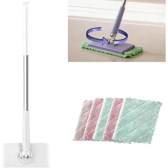 Snap-Grip Mini Mop with 6 Reusable Cleaning Cloths, Hands-Free Auto Clamp & Release, 360° Swivel Head, Wet/Dry Multi-Surface Cleaning, Space-Saving Wall-Mount Storage (White, Small(27.56in))