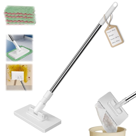 Snap-Grip Mini Mop with Reusable Cleaning Cloths, Hand-Press Flat Dust Mop for Floor and Desk Cleaning, Compact Cleaning Tool, 6 Cloths Included