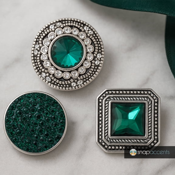 Snap Jewelry 18MM Green Ginger Charm Set with Round and Square Gem Accents, 3 Interchangeable Snaps