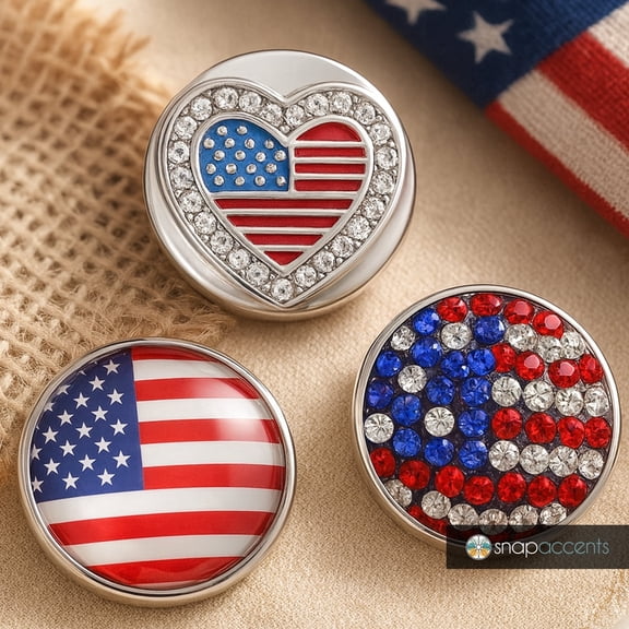 Snap Jewelry 18MM American Flag Ginger Charm Set with Heart and Rhinestone Accents