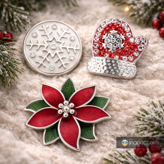 Snap Jewelry 3 Snap Set - Christmas Poinsettia, Snowflake, Mitten, 18MM 20MM Winter Ginger Charm Buttons