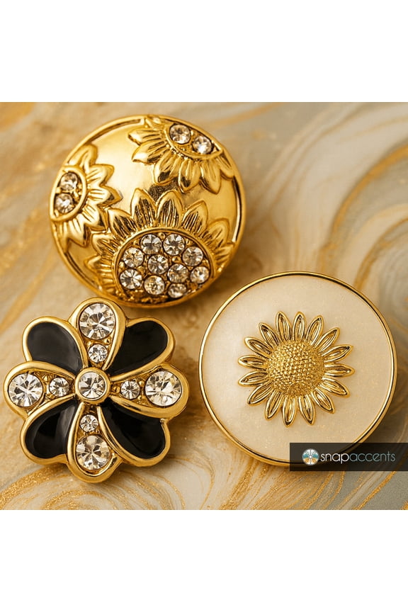 Snap Jewelry 18MM Ginger Charm Set with Gold and Rhinestone Flower and Sunflower Styles