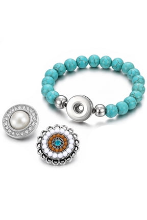 Snap Jewelry Turquoise Bead Stretch Bracelet with Two Interchangeable 18MM Ginger Charms, 6.5 Inch