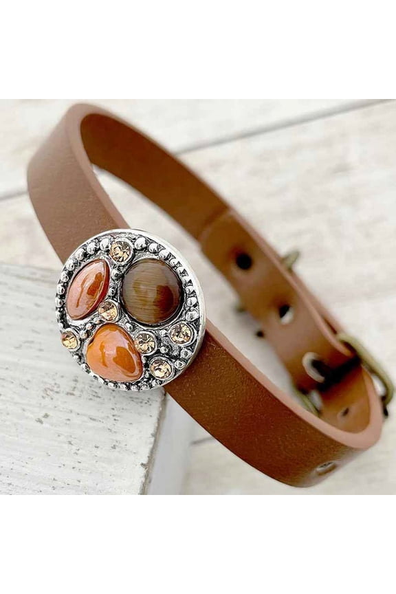 Snap Jewelry Brown Leather Bracelet with Brown Rhinestone Ginger Charm, 9 Inch Adjustable Strap