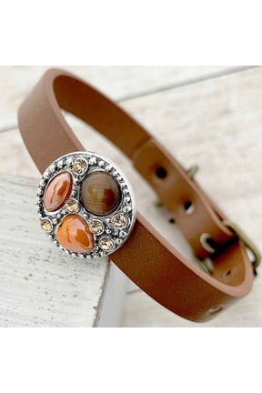 Snap Jewelry Brown Leather Bracelet with Brown Rhinestone Ginger Charm, 9 Inch Adjustable Strap