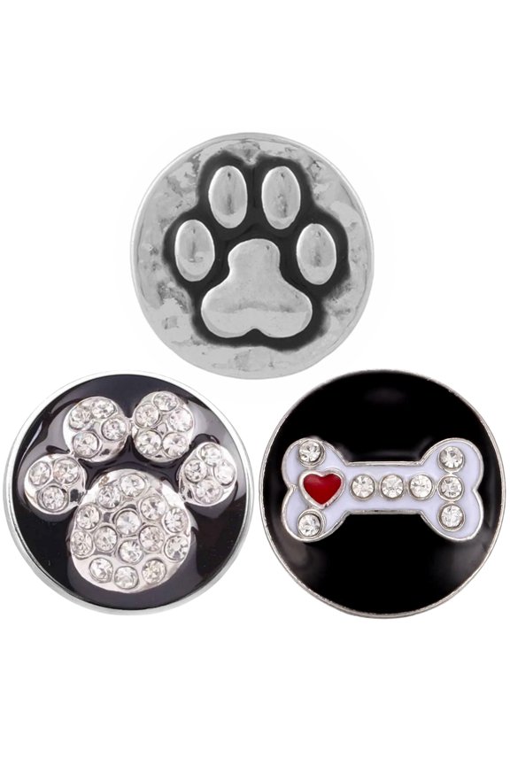 Snap Jewelry 18MM Ginger Charm Set with Dog Paw and Bone Motifs in Multi-Color, 3 Pieces