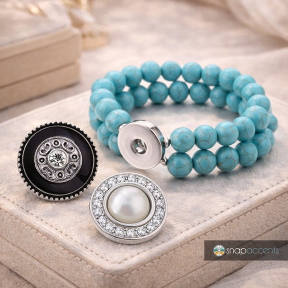 Snap Jewelry Set - 2 Snap Charms, 1 Turquoise 6.5 in. Bracelet Bundle, Fits 18MM 20MM Ginger Charm Buttons