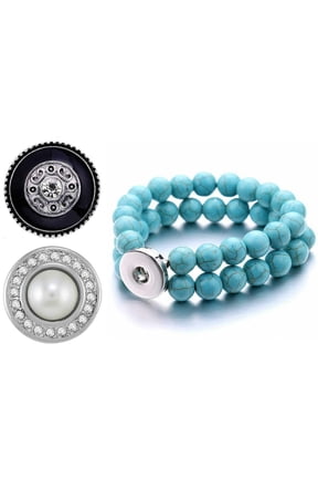 Snap Jewelry Turquoise Double Bead Bracelet with Two Interchangeable Ginger Charms 6.5 Inch