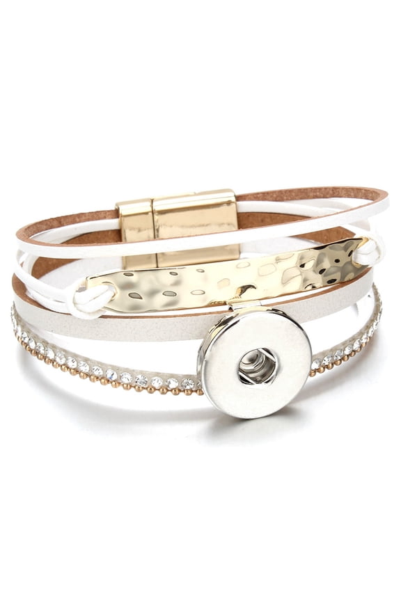 Snap Jewelry White Leather Bracelet with Gold Stamped Bar and Rhinestone Accents 7.5 Inch