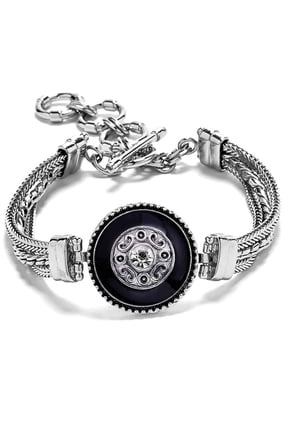 Snap Jewelry Antique Toggle Bracelet with Black Enamel Scroll Ginger Charm, 9 Inch Silver-Plated