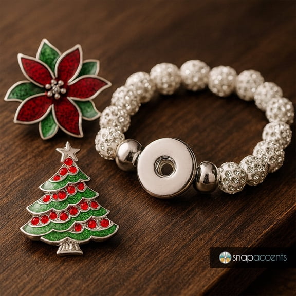 Snap Jewelry Set - 2 Christmas Snap Charms, 1 White 6.5 in. Stretch Bracelet Bundle, Fits 18MM 20MM Ginger Charm Buttons